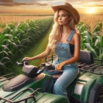 Corn Star farmer wearing overalls and a straw hat, riding an ATV and surveying the cornfield. She is looking over the rows o1794