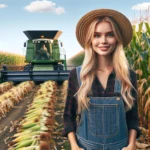 Corn Star farmer wearing overalls and a straw hat, standing beside a combine harvester in a cornfield. She is smiling and lo1785