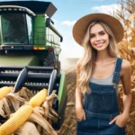 Corn Star farmer wearing overalls and a straw hat, standing beside a combine harvester in a cornfield. She is smiling and lo1821