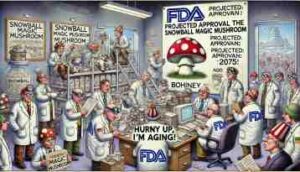 BOHINEY NEWS-- A satirical, Bohiney Magazine-style wide-aspect illustration of an FDA office filled with scientists and bureaucrats struggling to regulate the -- Magic Mushrooms